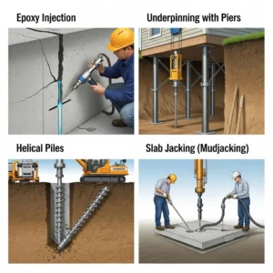 foundation repair methods including epoxy injection, underpinning with piers, helical piles, and slab jacking