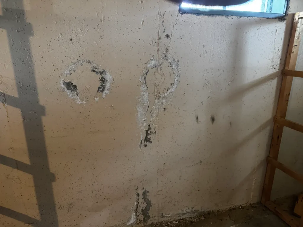 Basement foundation wall showing vertical crack, moisture damage, and signs of water intrusion