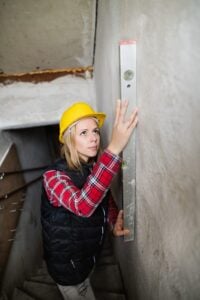 Foundation expert inspecting a cracked basement wall for structural damage and foundation crack repair.