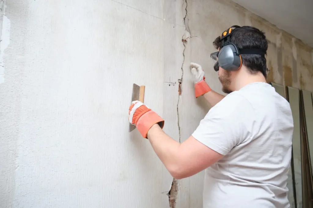Professional inspecting a large foundation wall crack before repair