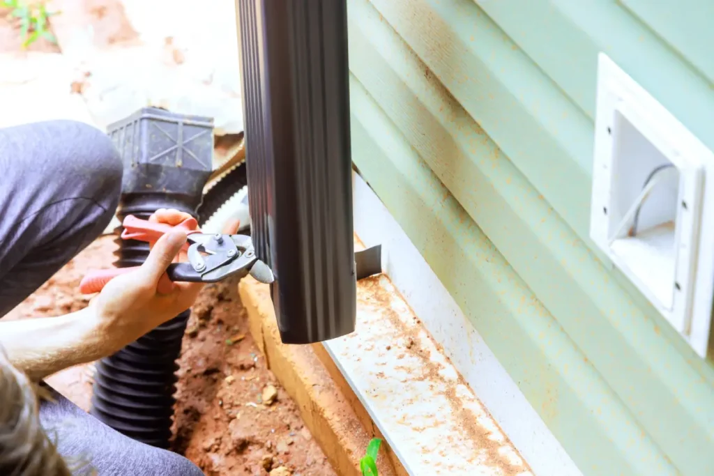 Homeowner checking exterior drainage and downspout conditions during a foundation inspection