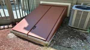 New reddish-brown bulkhead doors installed on the existing concrete basement entrance in Nashua, NH.